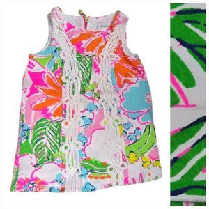 Lilly Pulitzer Baby Girl Dress 12M Pink Bright Floral Designer Shift Lace Detail